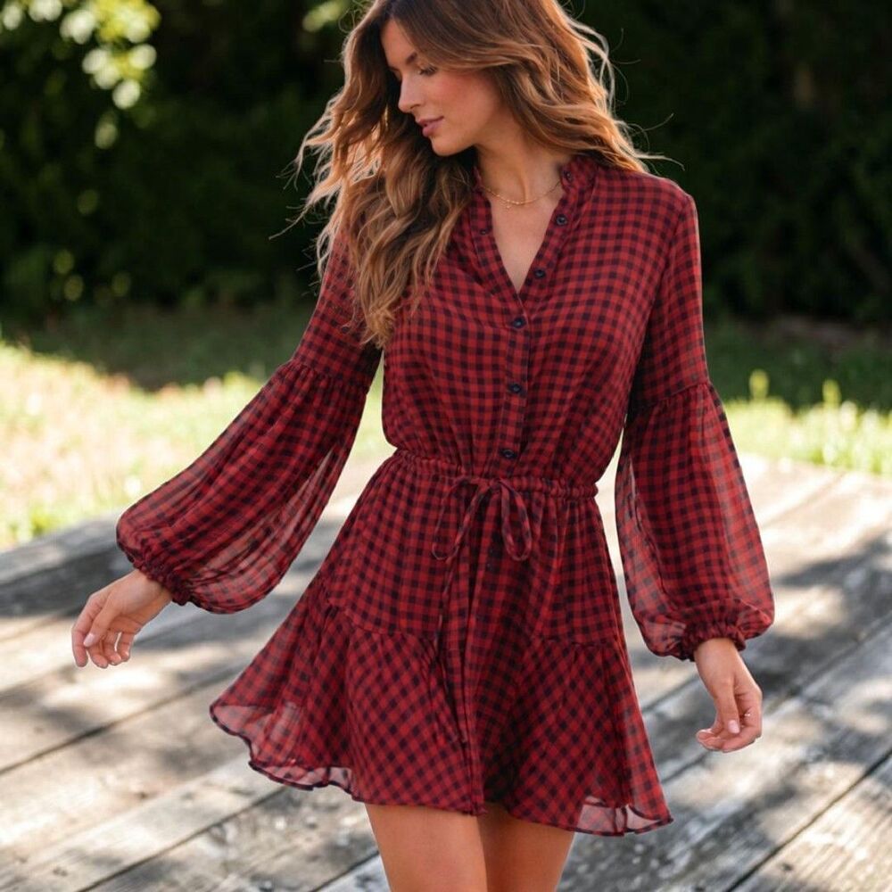 Western Vici S Sheer Buffalo Plaid Mini Dress Burgundy Balloon Sleeve Tie Waist